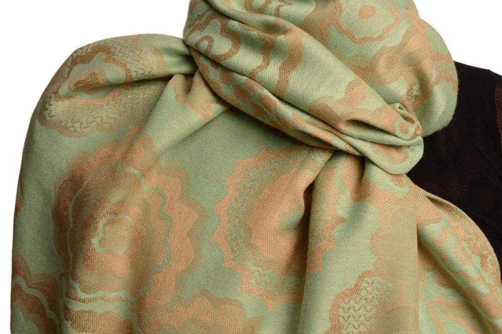 Liss Kiss Daisies On Moss Green Pashmina Feel With Tassels - Scarf