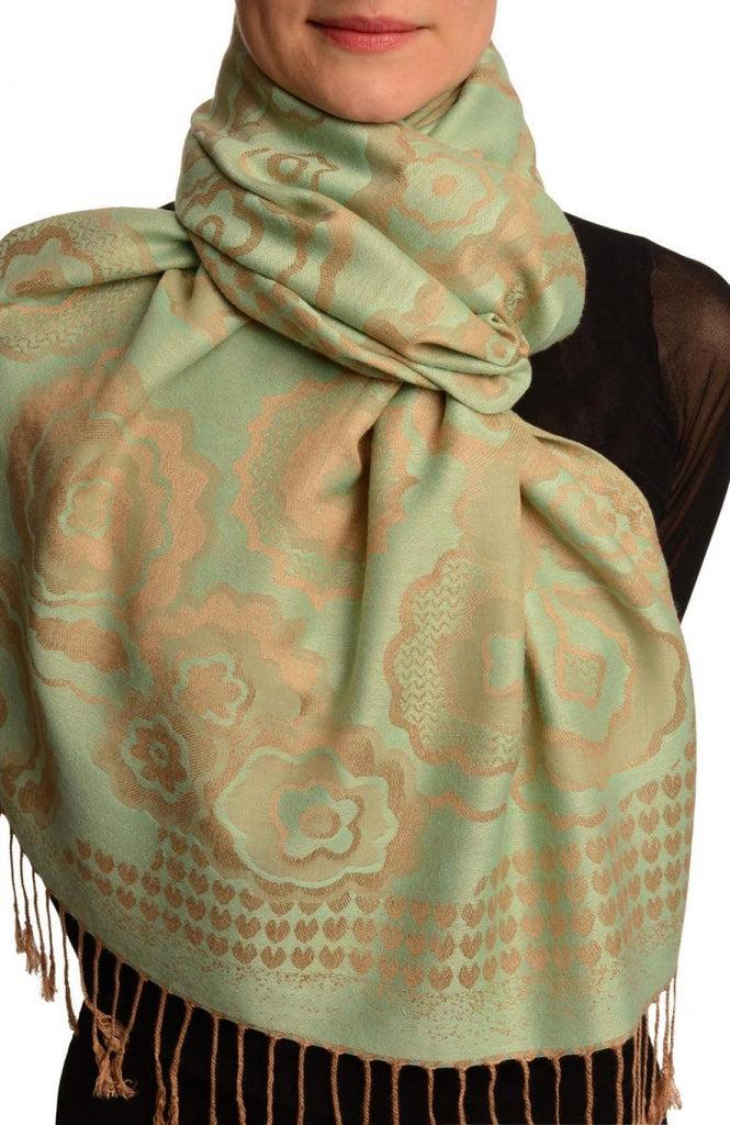 Liss Kiss Daisies On Moss Green Pashmina Feel With Tassels - Scarf