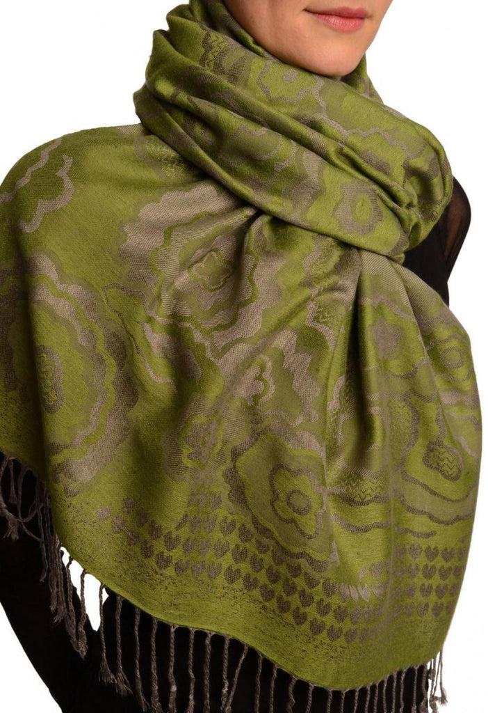 Liss Kiss Daisies On Olive Green Pashmina Feel With Tassels - Scarf