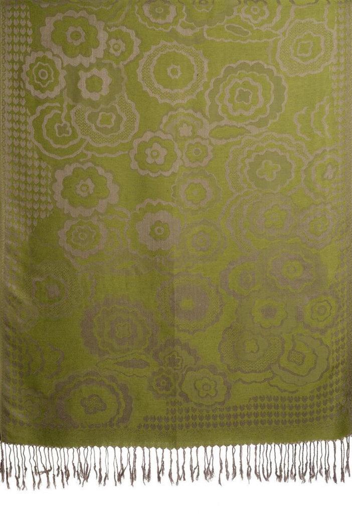 Liss Kiss Daisies On Olive Green Pashmina Feel With Tassels - Scarf
