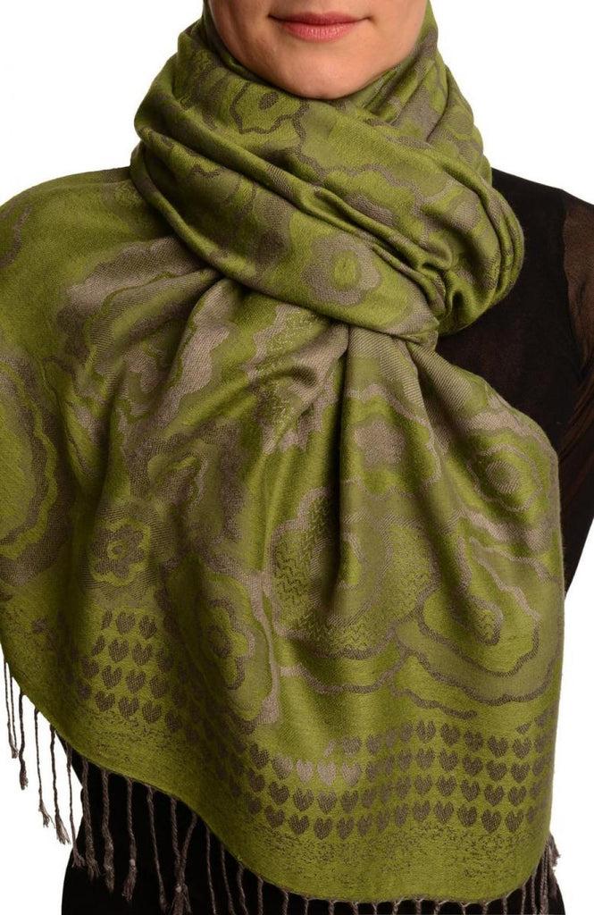 liss kiss Daisies On Olive Green Pashmina Feel With Tassels - Scarf