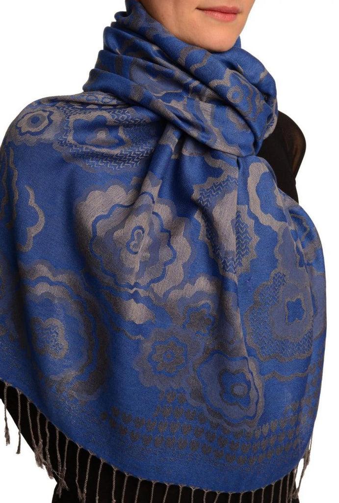 Liss Kiss Daisies On Persian Blue Pashmina Feel With Tassels - Scarf