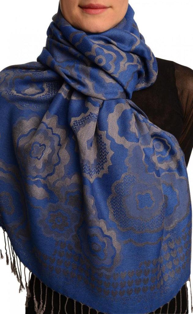 Liss Kiss Daisies On Persian Blue Pashmina Feel With Tassels - Scarf