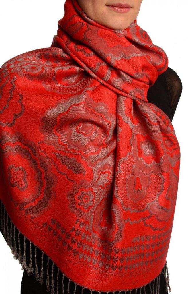 Liss Kiss Daisies On Red Pashmina Feel With Tassels - Scarf