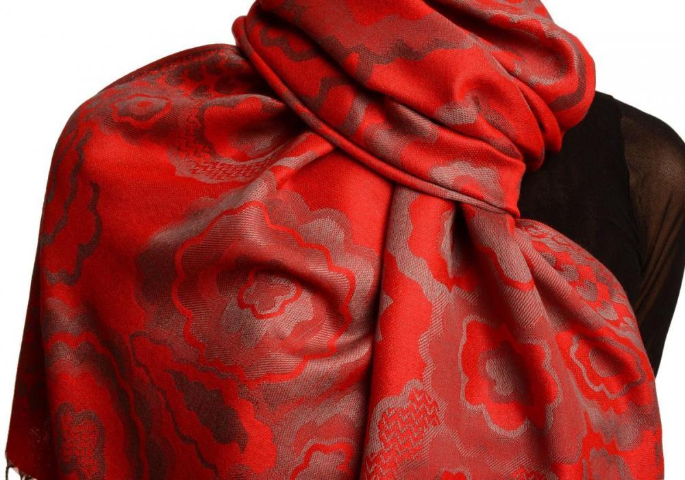 Liss Kiss Daisies On Red Pashmina Feel With Tassels - Scarf