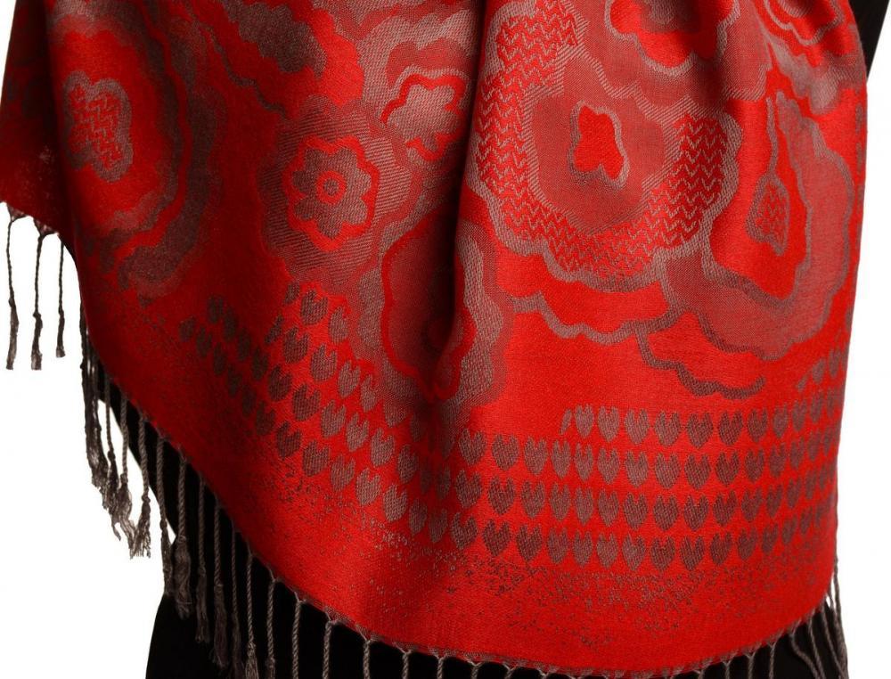 Liss Kiss Daisies On Red Pashmina Feel With Tassels - Scarf