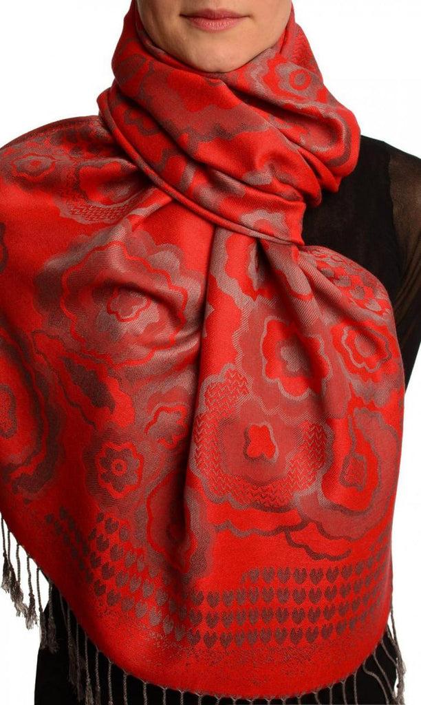 liss kiss Daisies On Red Pashmina Feel With Tassels - Scarf