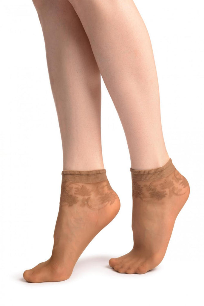 Liss Kiss Dark Beige With Wine Leaves Socks Ankle High - Socks