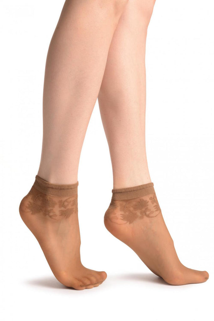 liss kiss Dark Beige With Wine Leaves Socks Ankle High - Socks