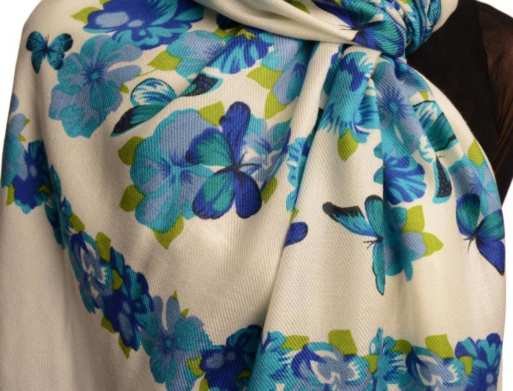 Liss Kiss Dark Blue Butterflies & Flowers On White Pashmina Feel With Tassels - Scarf