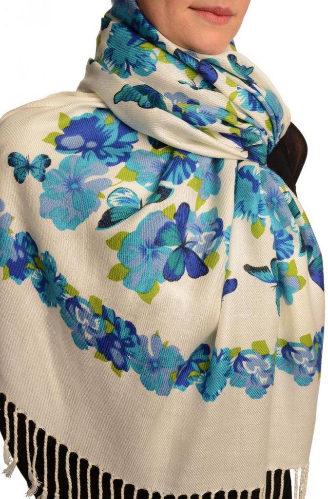 Liss Kiss Dark Blue Butterflies & Flowers On White Pashmina Feel With Tassels - Scarf