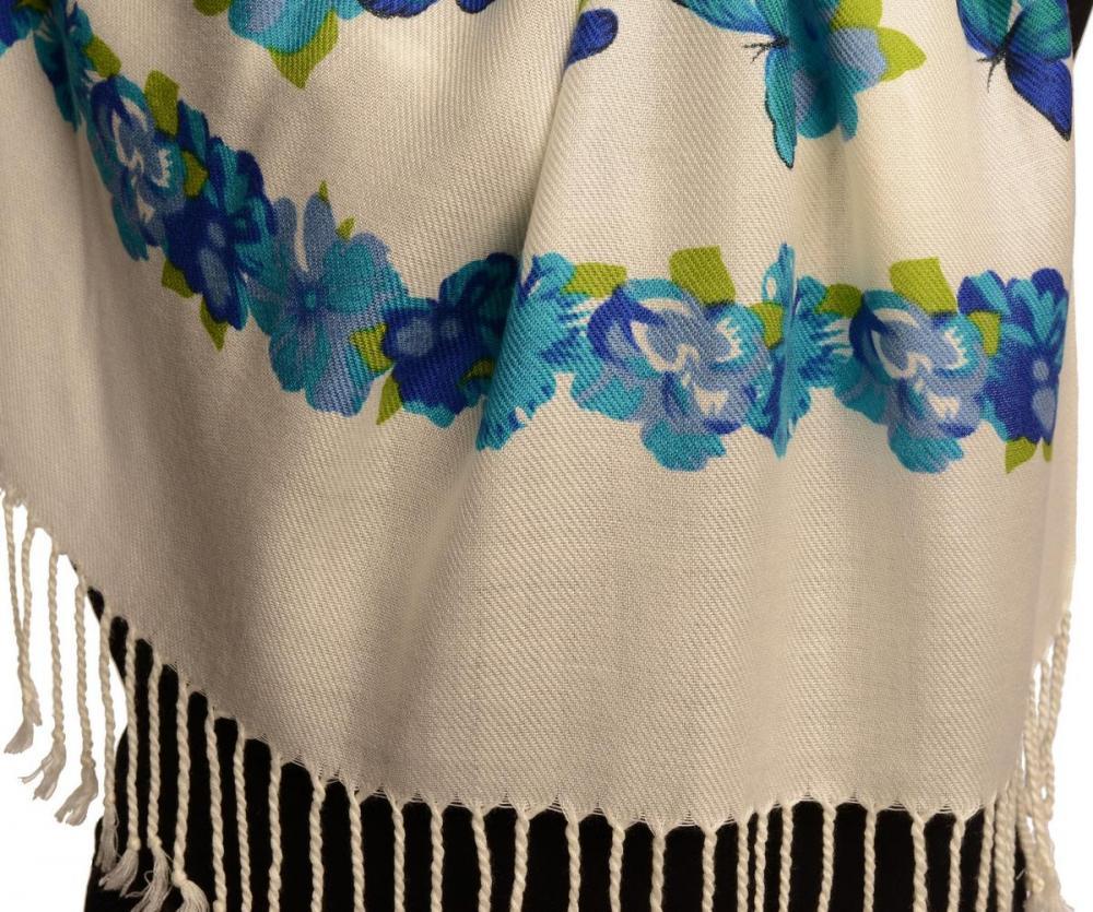 Liss Kiss Dark Blue Butterflies & Flowers On White Pashmina Feel With Tassels - Scarf