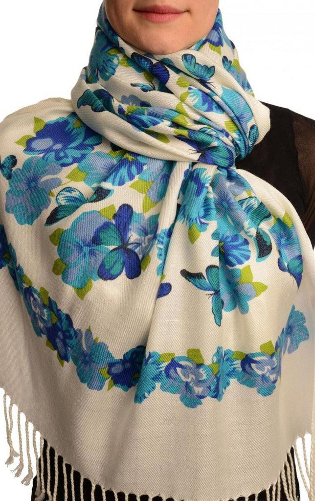 liss kiss Dark Blue Butterflies & Flowers On White Pashmina Feel With Tassels - Scarf