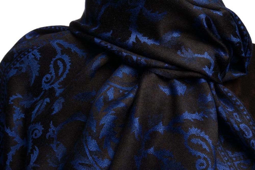 Liss Kiss Dark Blue Large Paisley On Black Pashmina Feel - Scarf