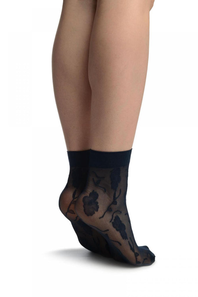 Liss Kiss Dark Blue Mesh With Large Flowers Ankle High Socks - Socks