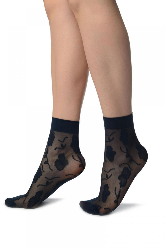 Liss Kiss Dark Blue Mesh With Large Flowers Ankle High Socks - Socks