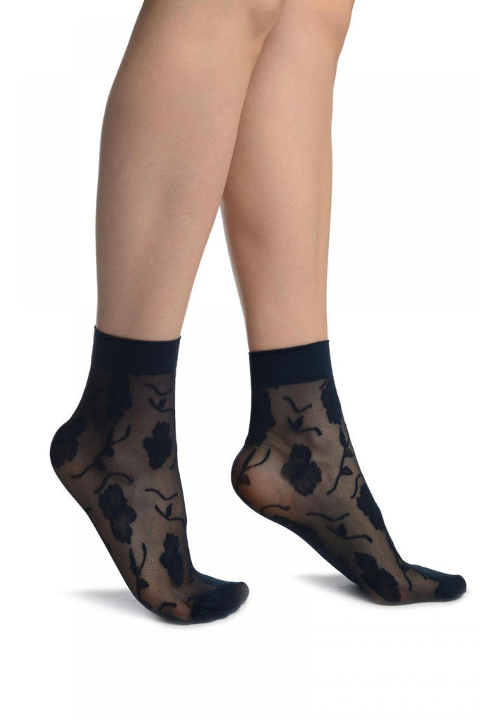 liss kiss Dark Blue Mesh With Large Flowers Ankle High Socks - Socks