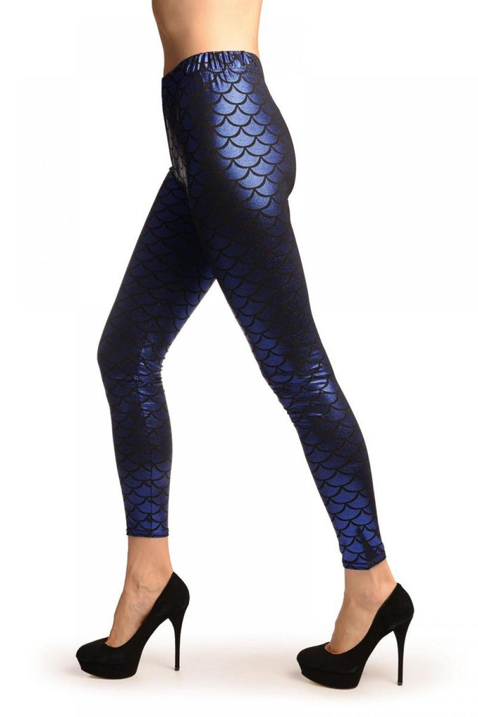 Liss Kiss Dark Blue Shiny Mermaid Scales Leggings - Leggings