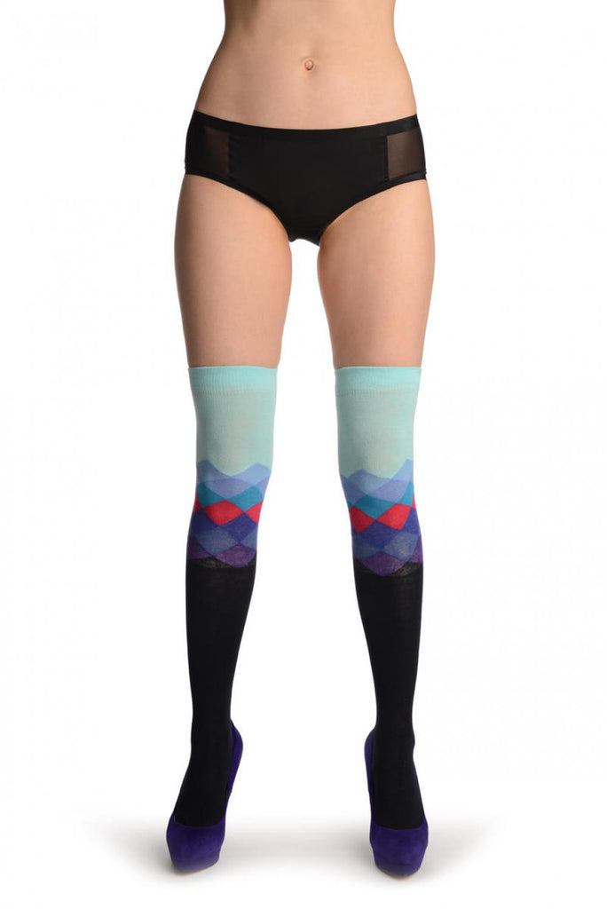 Liss Kiss Dark Blue With Blue Arlecchino Top - Over The Knee Socks