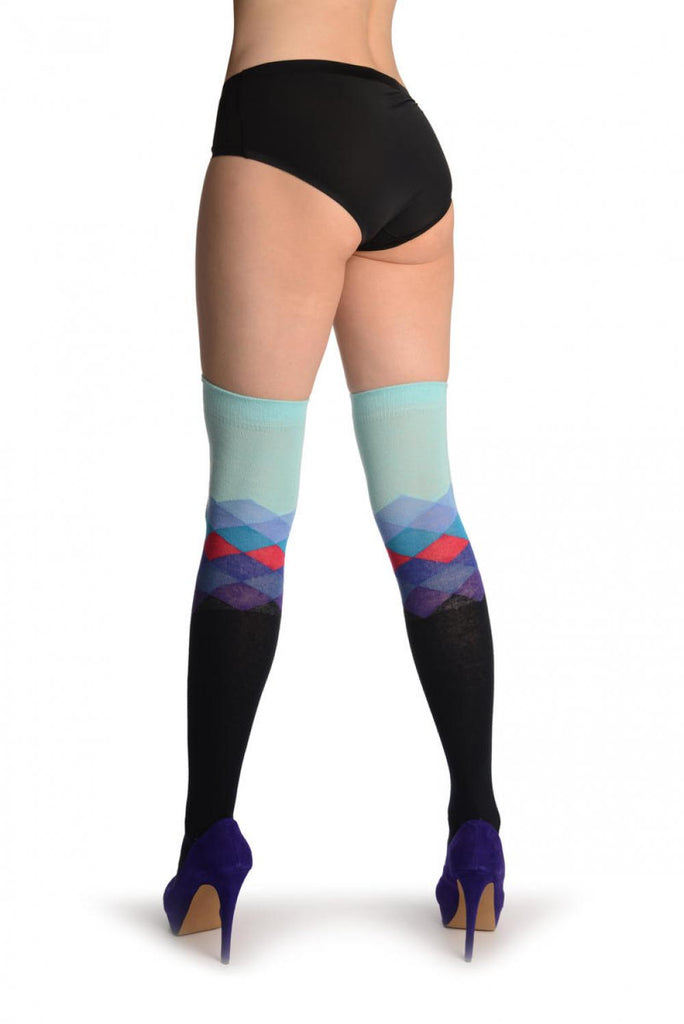 Liss Kiss Dark Blue With Blue Arlecchino Top - Over The Knee Socks
