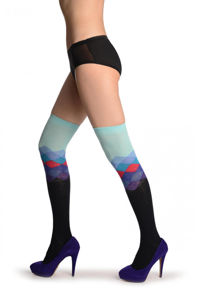 Liss Kiss Dark Blue With Blue Arlecchino Top - Over The Knee Socks