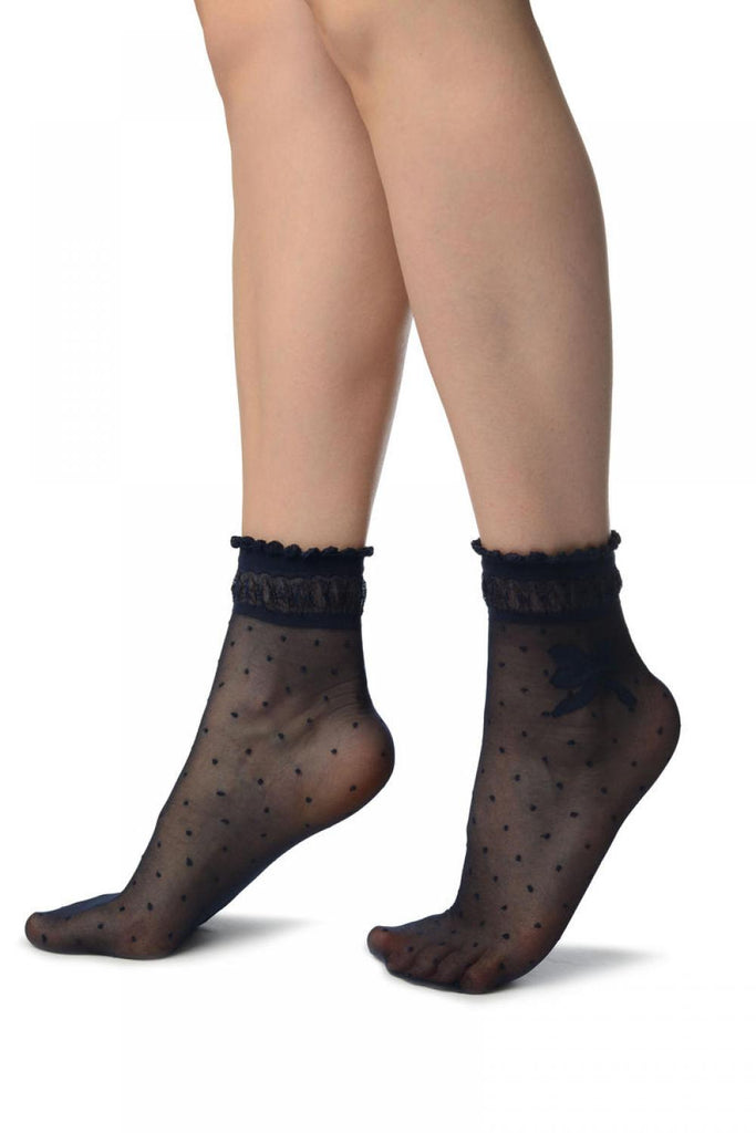 Liss Kiss Dark Blue With Dots & Bow Comfort Top Ankle High Socks - Socks