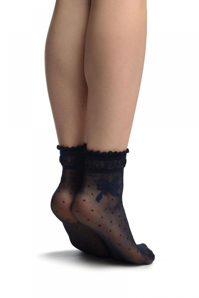 Liss Kiss Dark Blue With Dots & Bow Comfort Top Ankle High Socks - Socks