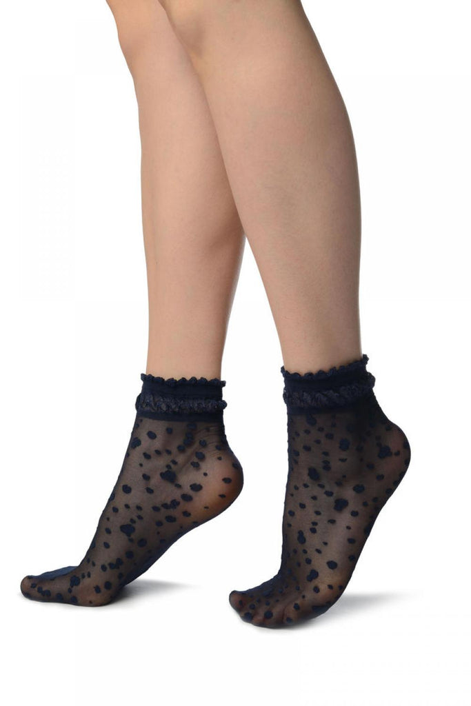 Liss Kiss Dark Blue With Little Dots And Silky Comfort Top Ankle High Socks - Socks