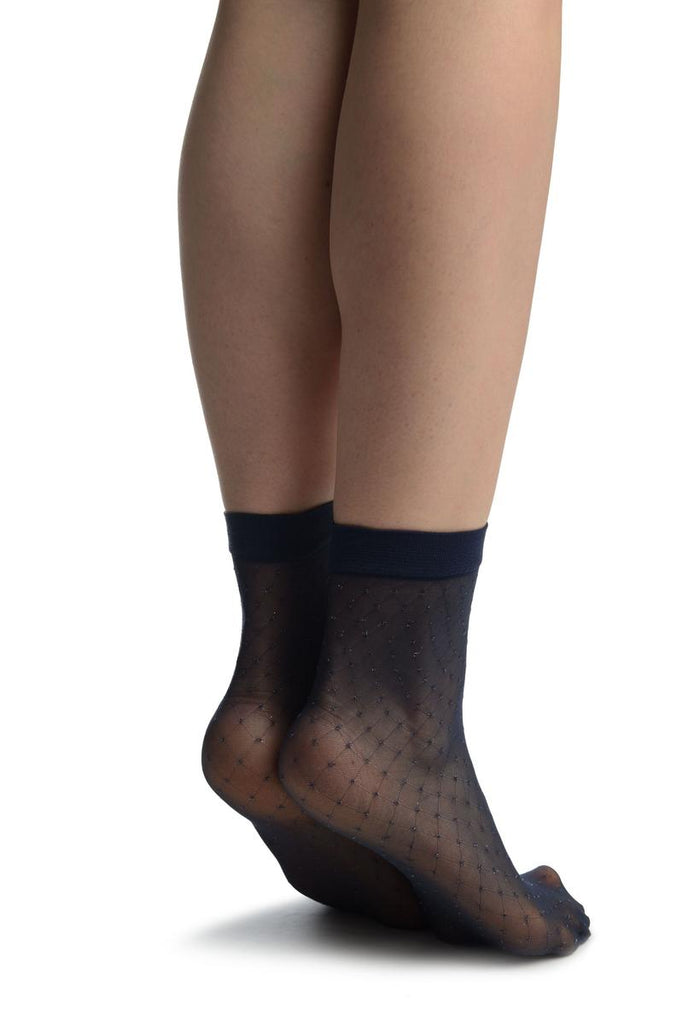 Liss Kiss Dark Blue With Silver Accented Knots Mesh Ankle High Socks - Socks