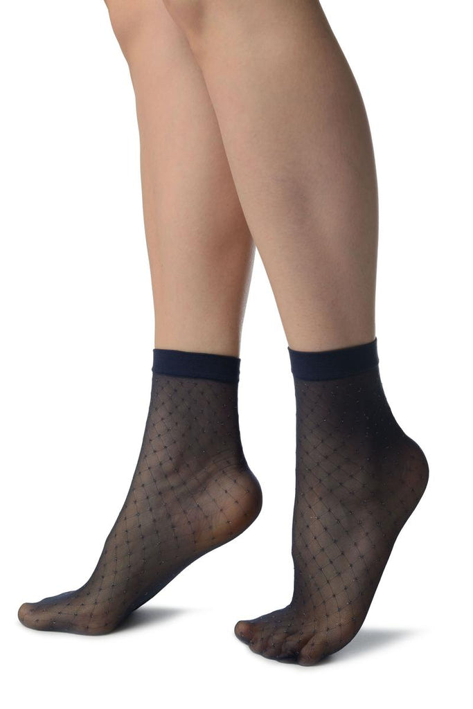 Liss Kiss Dark Blue With Silver Accented Knots Mesh Ankle High Socks - Socks