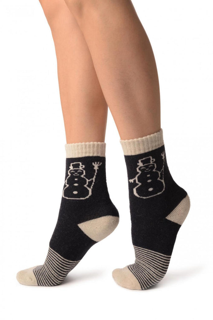 Liss Kiss Dark Blue With Thing Stripes & Snowman Angora Ankle High Socks - Socks