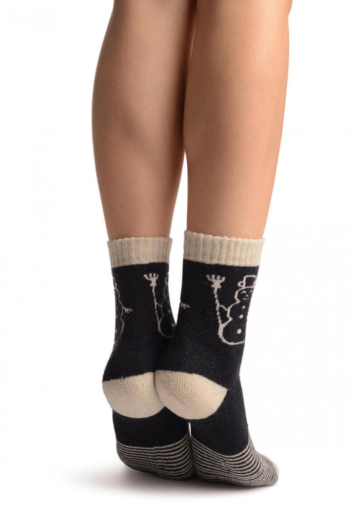 Liss Kiss Dark Blue With Thing Stripes & Snowman Angora Ankle High Socks - Socks