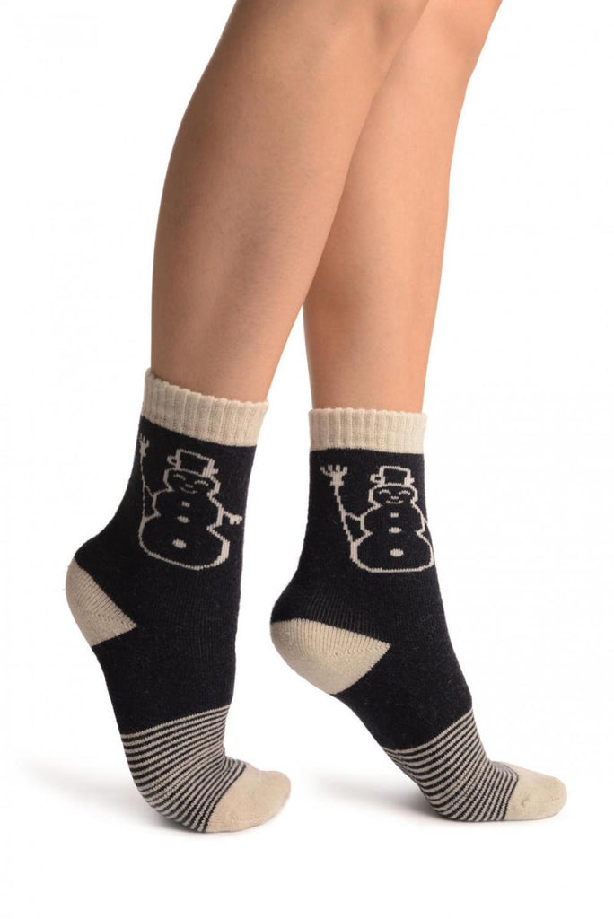 Liss Kiss Dark Blue With Thing Stripes & Snowman Angora Ankle High Socks - Socks