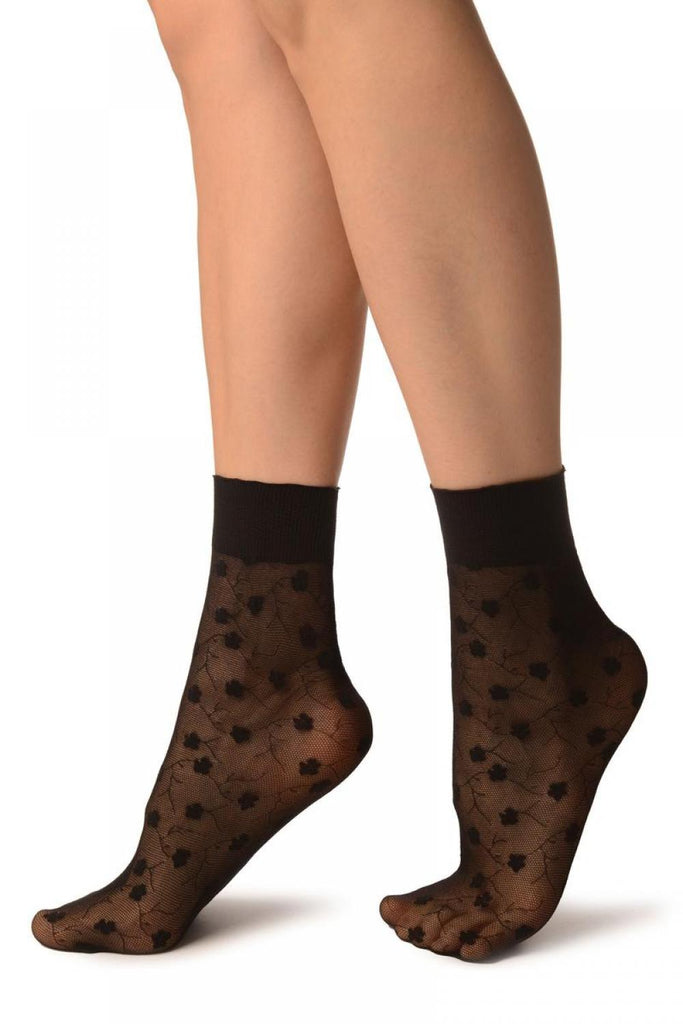 Liss Kiss Dark Blue With Violet Flowers On Mesh Ankle High Socks - Socks