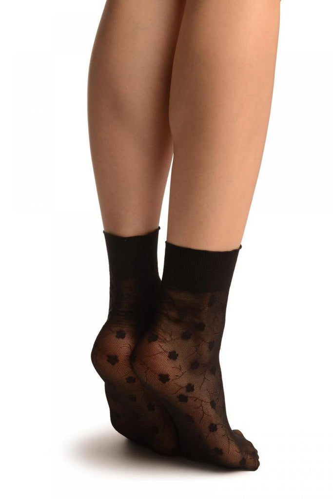 Liss Kiss Dark Blue With Violet Flowers On Mesh Ankle High Socks - Socks