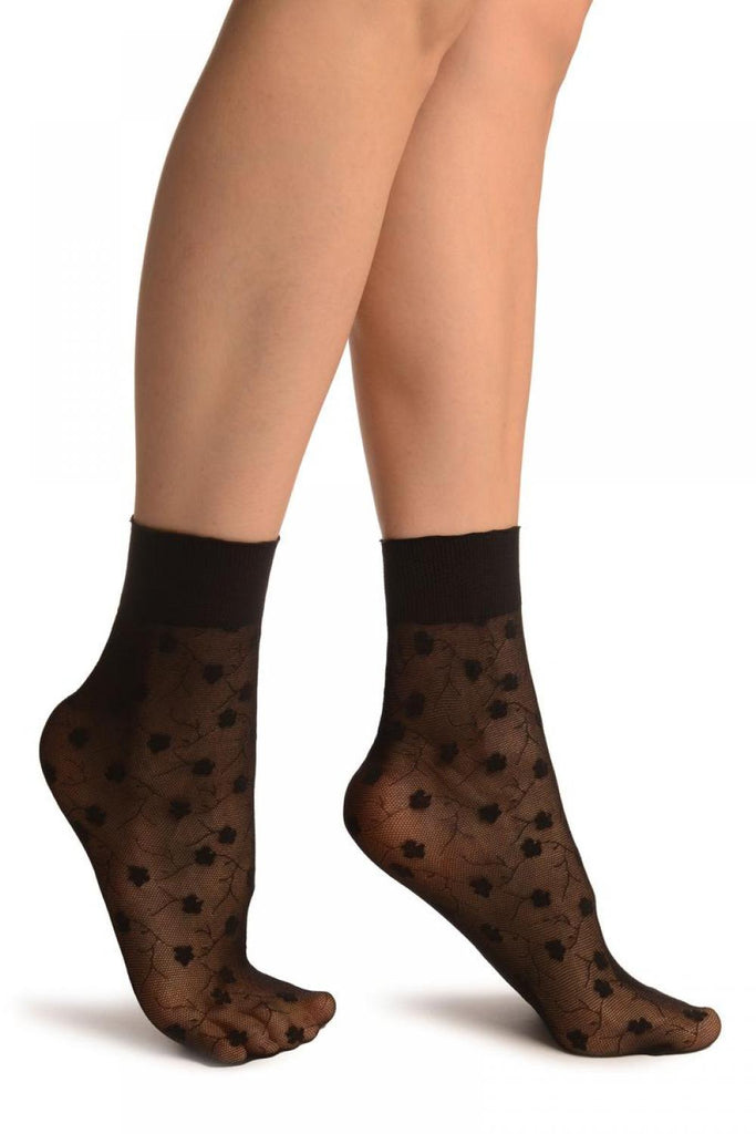 liss kiss Dark Blue With Violet Flowers On Mesh Ankle High Socks - Socks