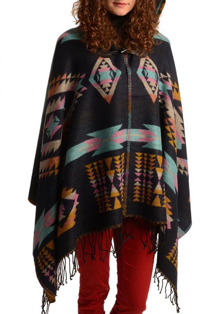Liss Kiss Dark Blue Woven Aztec With Hood Poncho - Poncho