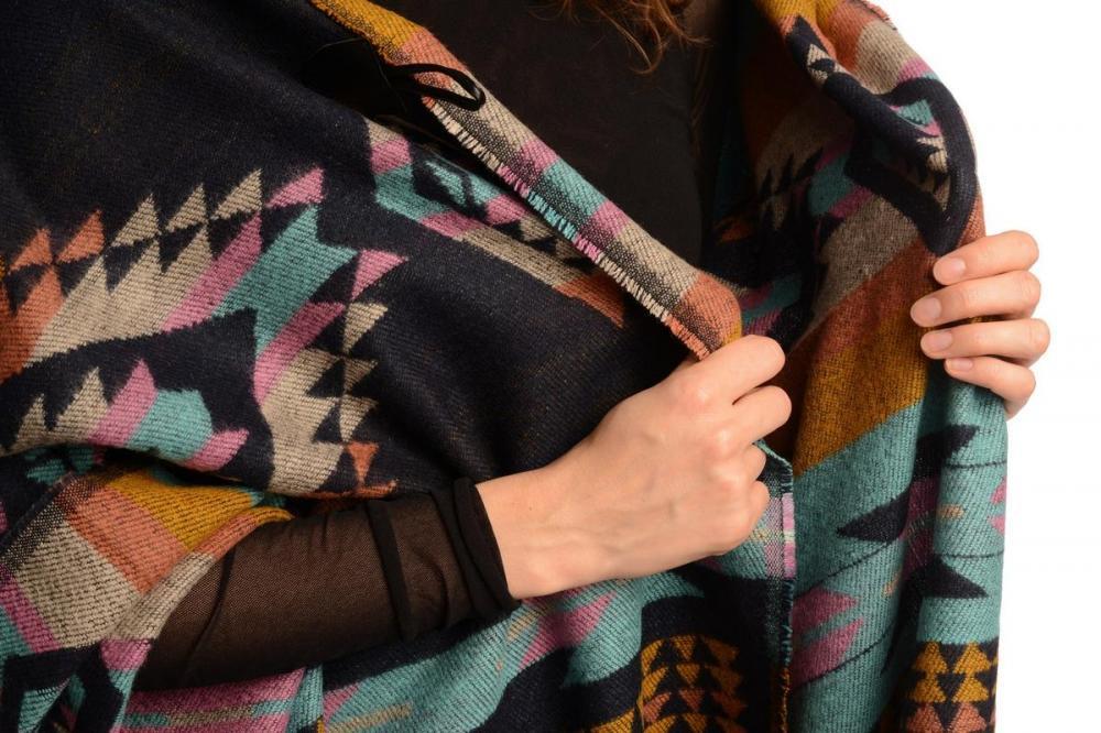 Liss Kiss Dark Blue Woven Aztec With Hood Poncho - Poncho