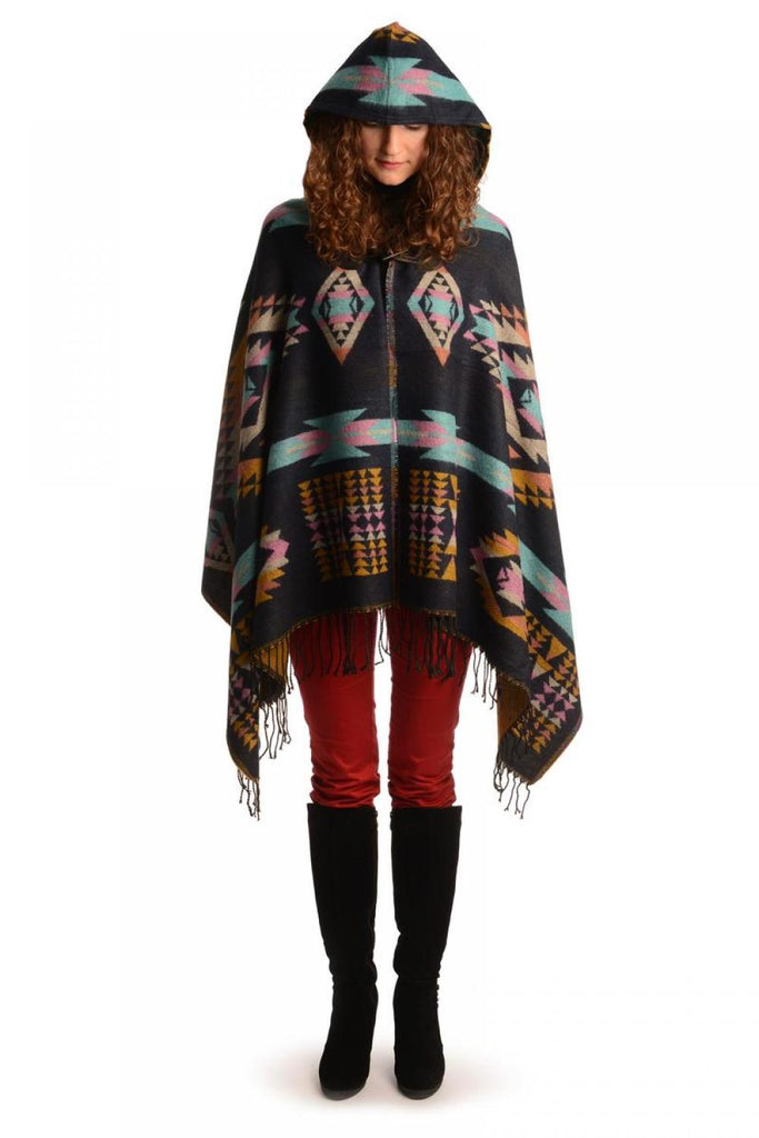 liss kiss Dark Blue Woven Aztec With Hood Poncho - Poncho