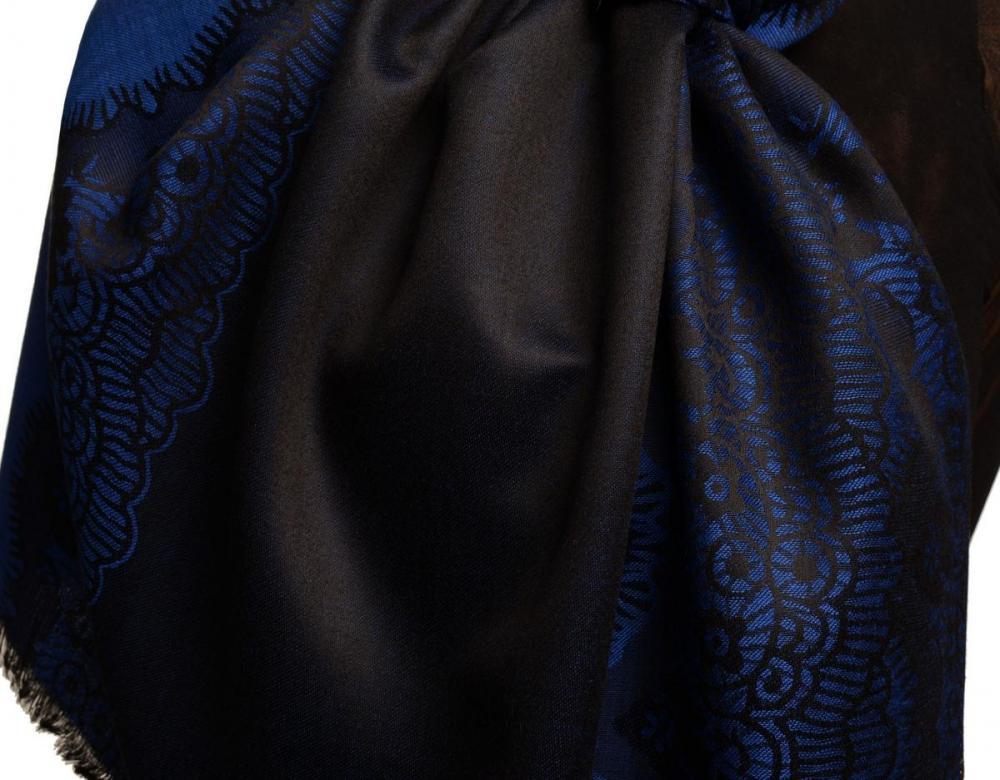 Liss Kiss Dark Blue Woven Lace On Black Pashmina Feel - Scarf