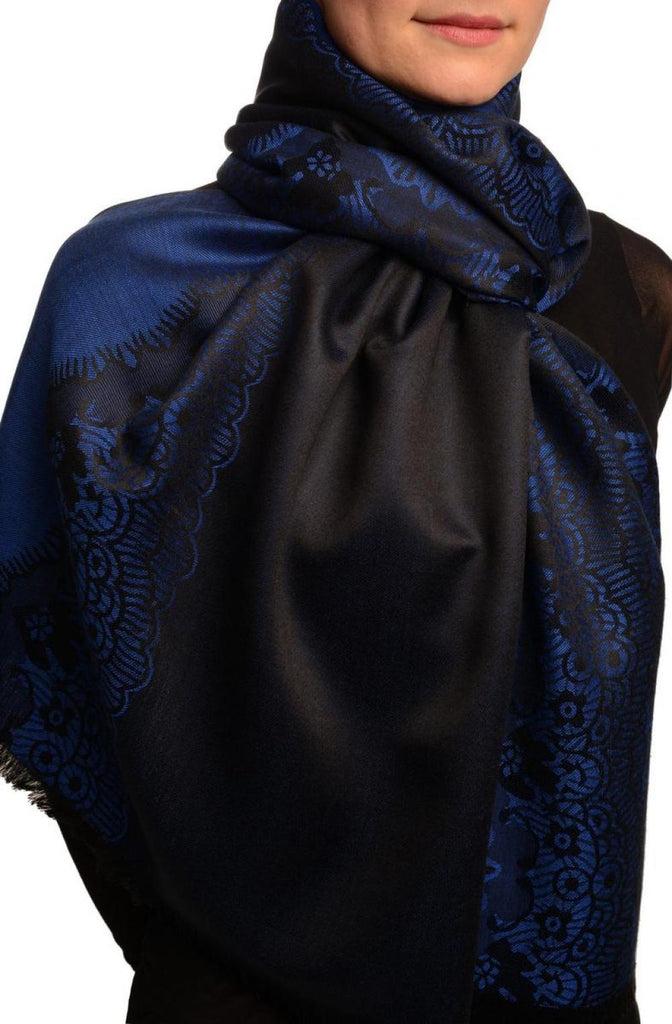 Liss Kiss Dark Blue Woven Lace On Black Pashmina Feel - Scarf