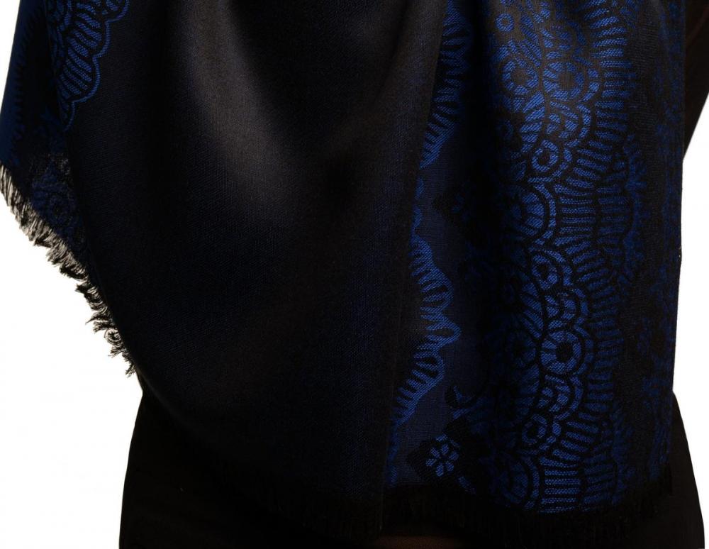 Liss Kiss Dark Blue Woven Lace On Black Pashmina Feel - Scarf