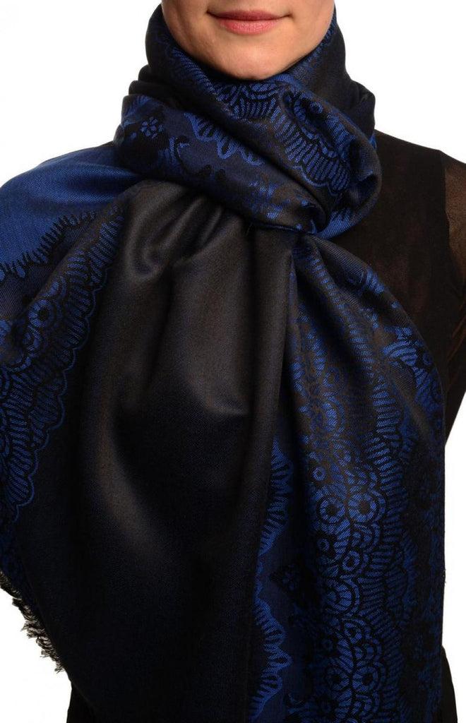 liss kiss Dark Blue Woven Lace On Black Pashmina Feel - Scarf