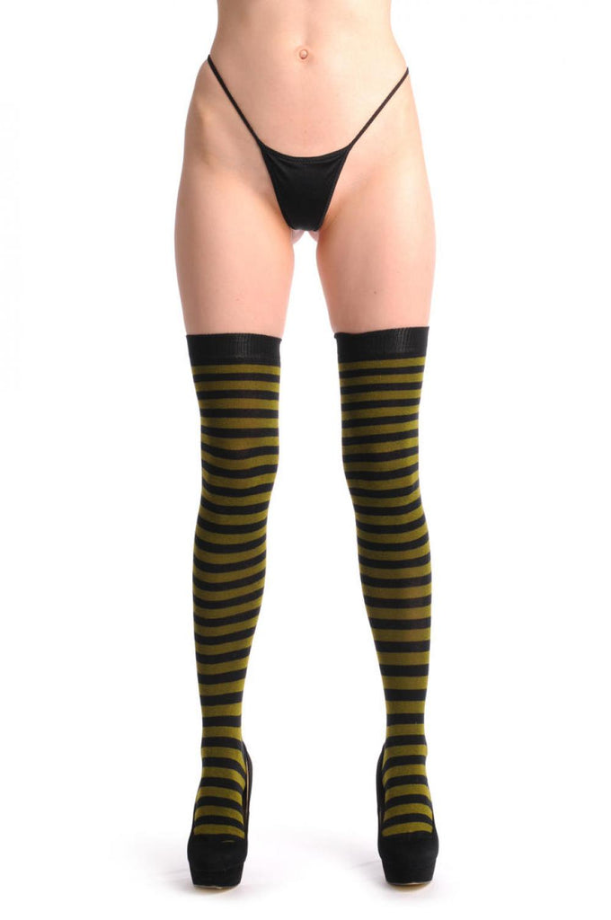 Liss Kiss Dark Green & Black Horizontal Stripes - Over The Knee Socks
