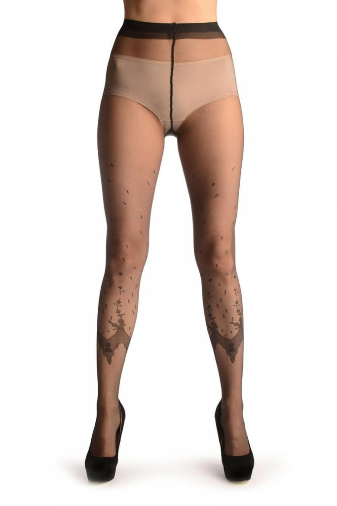 Liss Kiss Dark Grey Faux Leggings With Floral Lace Trim - Tights