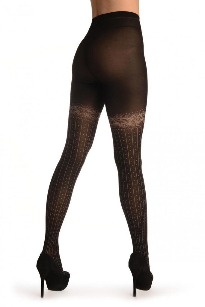 Liss Kiss Dark Grey Faux With Pinstripes & Dots Stockings And Floral Garter - Tights