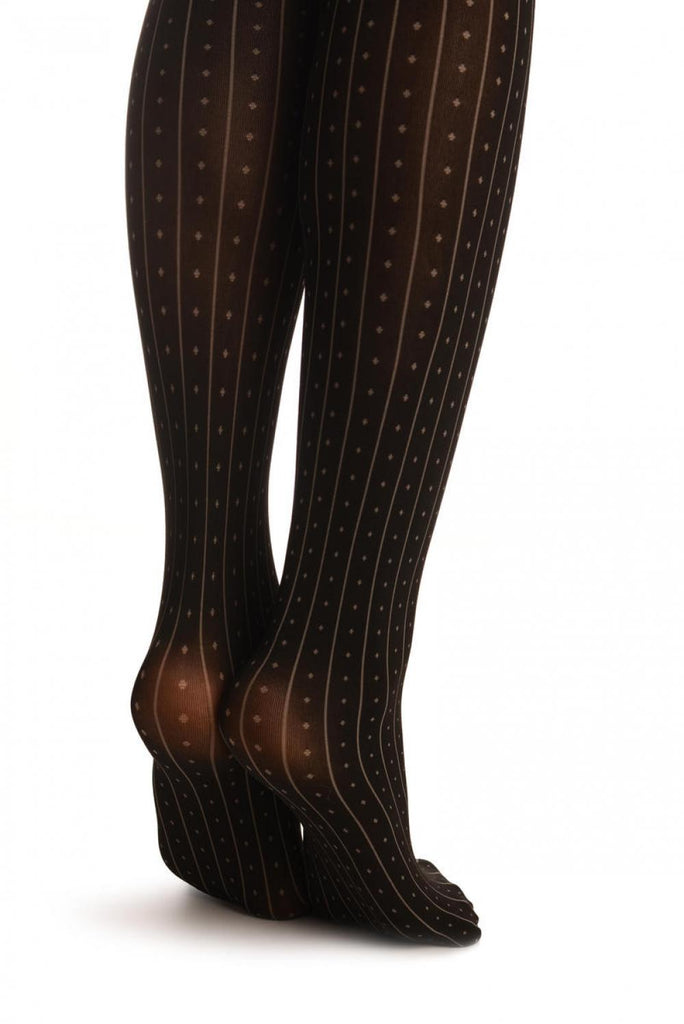 Liss Kiss Dark Grey Faux With Pinstripes & Dots Stockings And Floral Garter - Tights