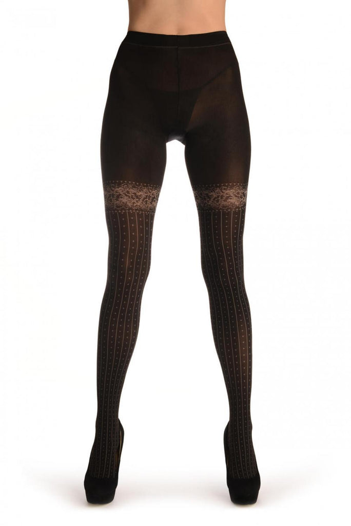 Liss Kiss Dark Grey Faux With Pinstripes & Dots Stockings And Floral Garter - Tights
