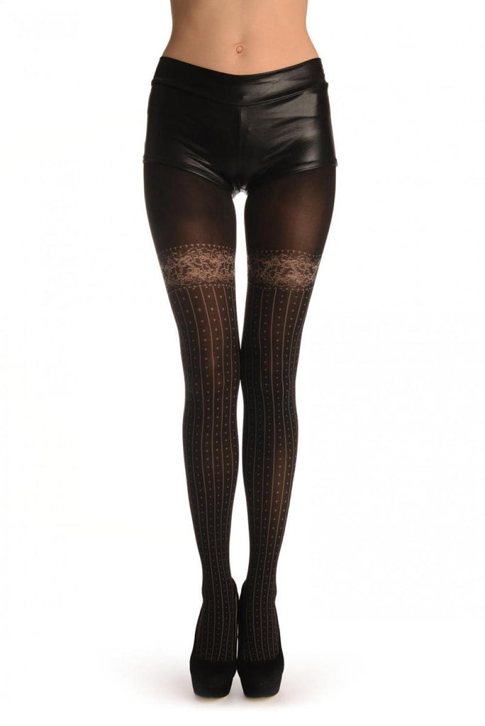 liss kiss Dark Grey Faux With Pinstripes & Dots Stockings And Floral Garter - Tights