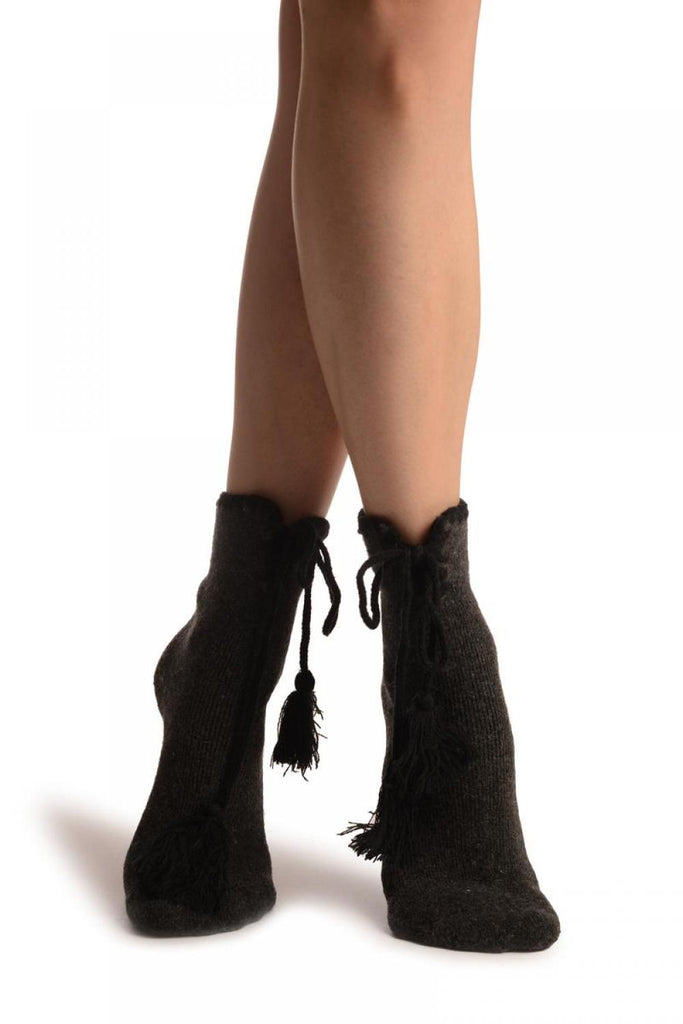 Liss Kiss Dark Grey Lace Up With Silicon Grip Angora Ankle High Socks - Socks